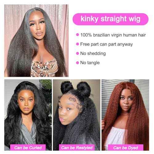 Kinky Straight Wig 13x6 Lace Front Wigs Human Hair 24 Inch Yaki Straight Human Hair Wig 200% Density Lace Front Human Hair Wigs for Black Women