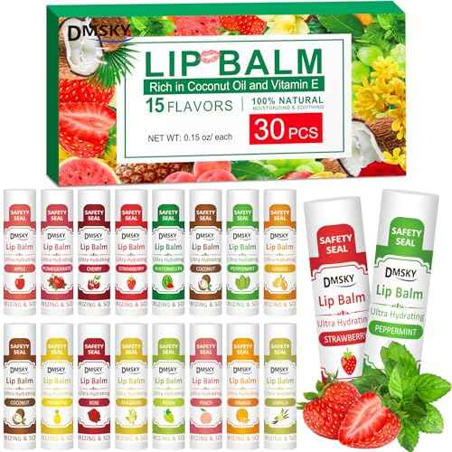 DMSKY 30 Pack Lip Balm, Natural Lip Balm Bulk with Vitamin E and Coconut Oil, Moisturizing Soothing Chapped Lips-15 Flavors