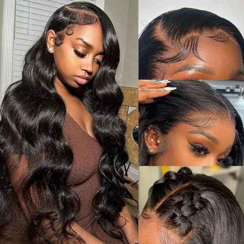 CITY GIRL 30 Inch Body Wave Lace Front Wigs Human Hair Pre Plucked 13x4 hd Transparent Lace Frontal Body Wave Human Hair Wig for Women 200 Density Natural Black