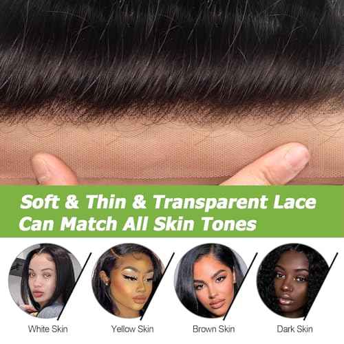 13x4 Lace Frontal Closure Ear to Ear Full Lace Frontal Closure Brazilian Deep Wave Human Hair Frontal Free Part Pre Plucked With Baby Hair 150 Density Natural Black 16 Inch