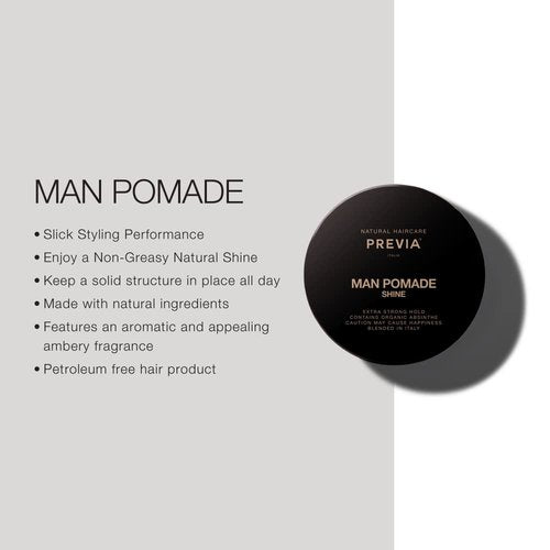 PREVIA Man Pomade Shine Styling Cream for Natural Hold Molding Hair Paste with Organic Absinthe Extract Vegan Natural Ingredients for Textured Casual Hairstyles and Sleek Finish 3.38 oz