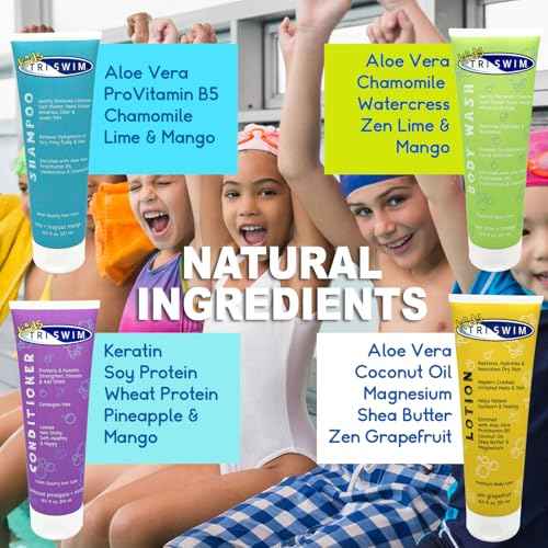 TRISWIM Kids After Swim Value Pack of 4 Travel Mesh Bag + Swim Care Chlorine Removal Body Wash + Swimming Lotion + Swim Shampoo and Conditioner 8.5 fl oz Keep your Little Swimmers Clean and Healthy