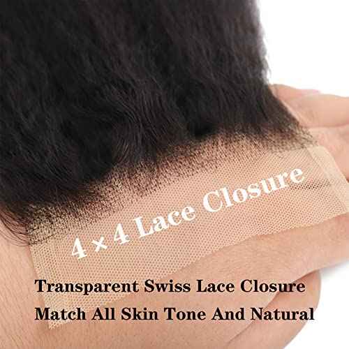 Kinky Straight Human Hair 3 Bundles With 4x4 Lace Closure Free Part 100% Unprocessed Brazilian Remy Yaki Straight Human Hair Extensions With Closure,Natural Black (12 12 12+10Closure)