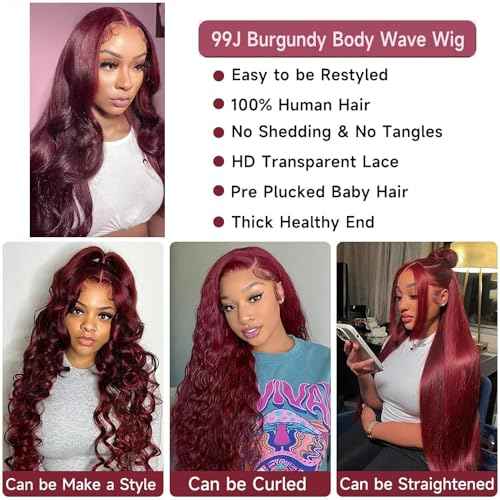 Burgundy Lace Front Wigs Human Hair Pre Plucked with Baby Hair Body Wave Lace Frontal Glueless Wigs Human Hair for Women 180% Density 13x4 Transparent HD Brazilian Virgin (26inch)
