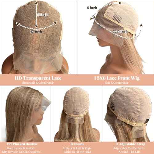8T860 10 Inch Highlight Bob Wigs Human Hair for White Women Brown to Blonde with Brown Roots Ombre 13x6 HD Lace Front Wig Human Hair Pre Plucked Pre Cut Glueless Straight Bob Wigs with Baby Hair
