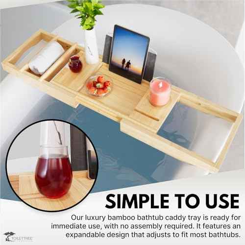 ToiletTree Products Bamboo Bathtub Caddy with Extending Sides and Adjustable Book Holder (Deluxe)