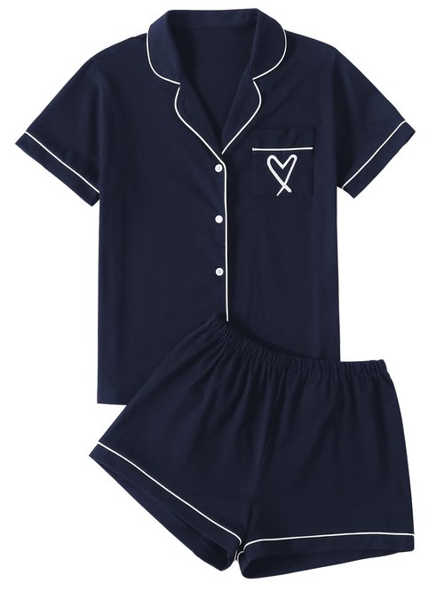 LYANER Women's Pajamas Set Heart Print Button Short Sleeve Shirt with Shorts Sleepwear PJs Set Navy Blue X-Small