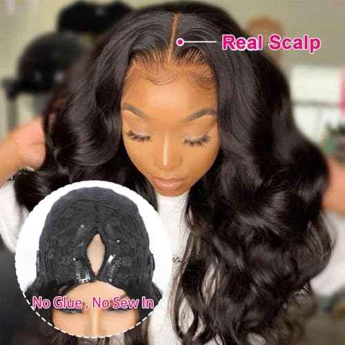V Part Wig Human Hair Body Wave Upgrade U Part Human Hair Wig With Clips Glueless Wigs Human Hair Beginner Friendly V Shape Clip In Half Wigs for Women No Leave Out 30 Inch 180% Density