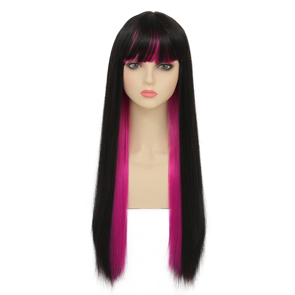 Dai Cloud Black Mix Purple Long Straight Wigs with Bangs for Women Cosplay Party Costume Synthetic Hair Wigs(Black and Purple)