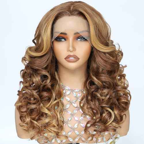 X-TRESS Big Elastic Curly Wave honey blonde Middle Part Lace Synthetic Wig, 22 Inches Yaki, Pre-plucked Glueless Deep Roll Shaped Hair 4/27 for Black White Women Daily party deep wave lace front wigs