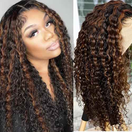 Super idol Ombre Highlight Lace Front Wigs Human Hair 1B/30 Black and Brown Deep Wave Wigs Honey Blonde Human Hair Pre Plucked with Baby Hair 150% Density (1B/30 Highlight Wig, 24 Inch)