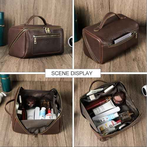 CONTACTS Full Grain Leather Travel Toiletry Bag for Men Large Wash Bag with Handle Bathroom Shaving Dopp Kit Toiletries Organizer Vintage Cosmetic Bag