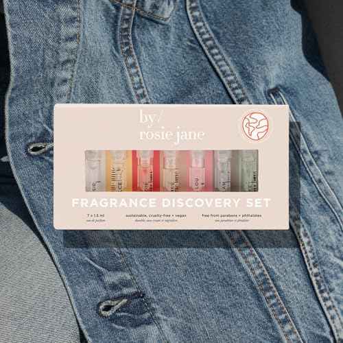 By Rosie Jane Discovery Mini Perfume Set - 7 Piece Travel Size Gift Set - Includes Scents Missy, Dulce, Leila Lou, James, Lake and Dylan - Clean Perfume for Women (7 Count)