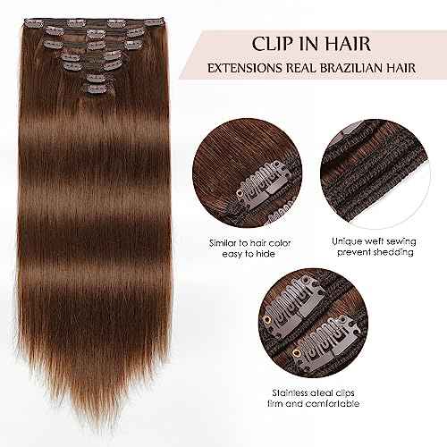 Sisily Clip in Hair Extensions Real Human Hair, 22 inch 170g, Chocolate Brown, 100% Brazilian Remy Human Hair Clip in Extensions Soft Straight 7pcs Per Set with 16 Clips Double Weft