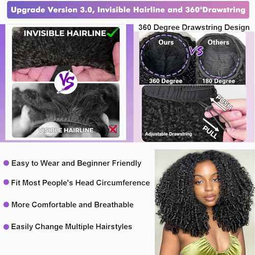 Kinky Curly Half Wig Human Hair 180% Density 3 In 1 Seamless Flip Over Half Wigs Human Hair Glueless Wear and Go Beginner Friendly 20 Inch Drawstring Headband Wig Human Hair for Women Natural Black