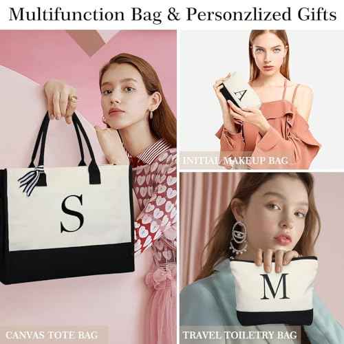 YOOLIFE Initial Canvas Tote Bag & Makeup Bag, Birthday Gifts for Women Mom Sister Friends, Bridesmaid Wedding Gifts