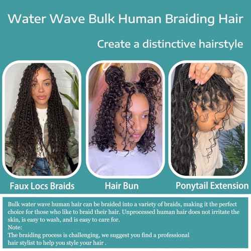 Human Braiding Hair 3 Bundles/Pack 150g Curly Water Wave Bulk Hair for Braiding No Weft 10A Brazilian Virgin Human Braiding Hair for Boho Braids Wet and Wavy Braids (1B#-Water Wave, 24 Inch/150g)