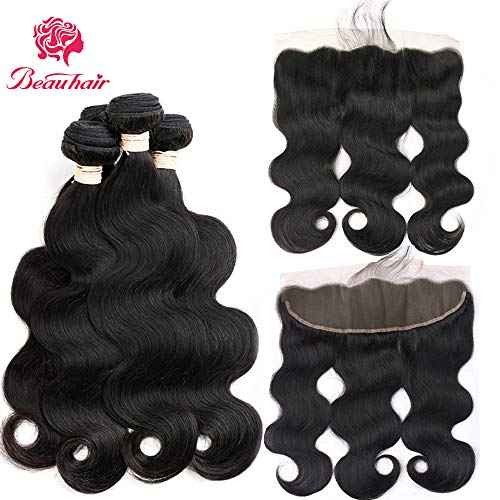 Body Wave 3 Bundles with Frontal Human Hair Bundles with Lace Frontal (18 20 22+18, Natural Black) Brazilian Body Wave Hair Virgin Hair Ear to Ear 13x4 Frontal Natural Black