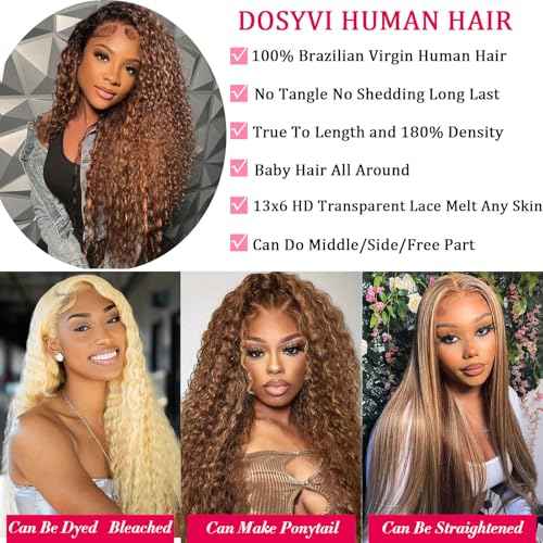 Ombre Lace Front Wig Human Hair 180% Density 4/27 Honey Blonde 13x6 Deep Wave Lace Front Wigs Wet and Wavy Curly Glueless Wigs Human Hair Pre Plucked with Baby Hair (Highlight, 26 Inch)
