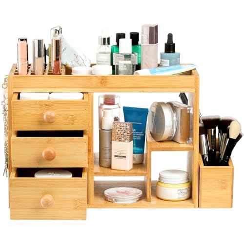 Elsjoy Bamboo Makeup Organizer with 3 Drawers & 12-Grid Lipstick Holder, Desk Bamboo Vanity Jewelry Organizer, Countertop Cosmetic Storage Box Stand with Hooks for Hanging Jewelry