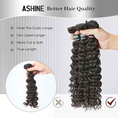 ASHINE Human Hair Bundle Deep Wave Unprocessed Cambodian Raw Hair 26 Inch, Flip Over Quick Weave Wet and Wave Bundles for Women Natural Black
