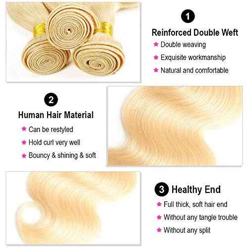 Blonde Human Hair Bundles with Closure Brazilian Premium Virgin Body Wave Human Hair Extensions 613 Blonde 3 Bundles with 4x4 Lace Closure Free Part (12 14 16+10, 613)