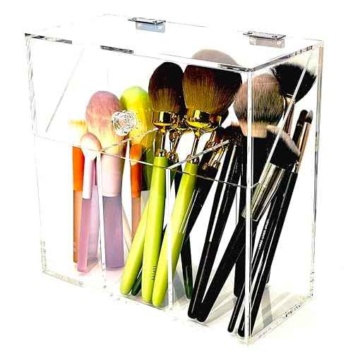 Acrylic Makeup Organizer,Clear Cosmetic Brush Storage Box With 3 Brush Holders,Makeup Brush Holderwith Dust Cover, Large-capacity Split Design Can Quickly Organize the Desktop£¨No pearls£©