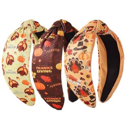 3Pcs Thanksgiving Day Headbands for Women - Turkey & Letter Knotted Hair Hoops, Fall Pumpkin Autumn Maple Leaves Accessory for Holiday