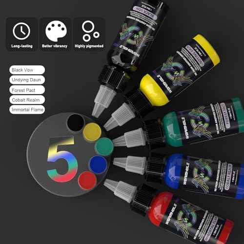 Tattoo Ink Set, Premium Long Lasting Vivid Color Vegan Tattoo Ink Pigment Kit Supplies Ink (5 Colors 1 fl oz)
