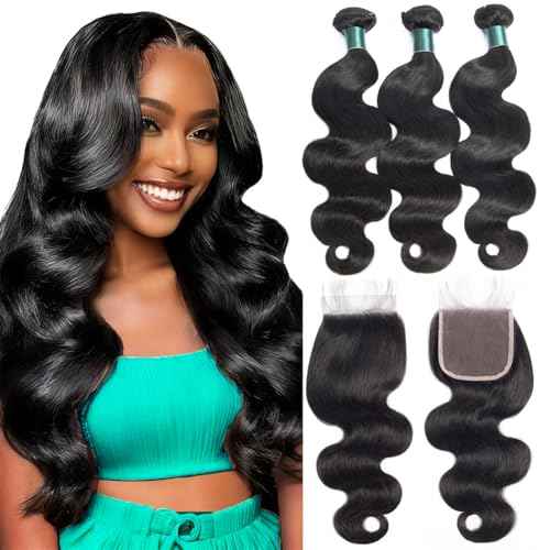 12A Bundles With Closure Human Hair 16 18 20+14 Inch,Body Wave Human Hair Bundles With 4X4 Hd Lace Closure,100% Unprocessed Brazilian Virgin Hair Weave Natural Black Color