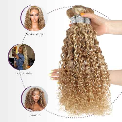 27/613 Highlighted Multi-Blonde Bundles Human Hair Water Wave, 13A Grade Ombre Blonde Human Hair Wet n Wavy Curly 3 Bundles 100% Raw Brazilian Silky Colored Hair Weaves Extension 10/12/14 Inch