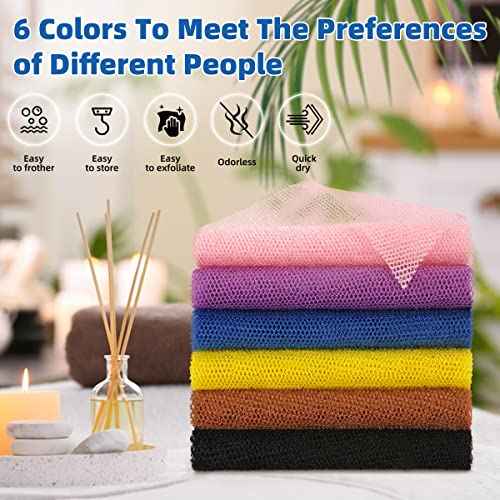 BHYTAKI 6 Pieces African Net Sponge African Exfoliating Net Long African Bath Sponge Washcloth Shower Net African Body Scrubber Net for Skin Smoother Daily Use(Pink,Yellow,Purple,Black,Blue,Brown)