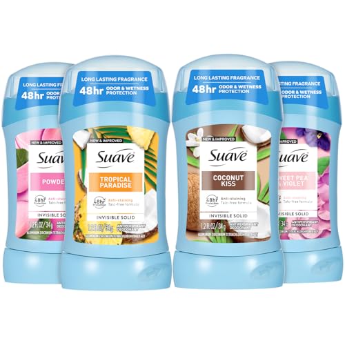 Suave Antiperspirant Deodorant for Women Variety 4-Pack ? Powder, Tropical Paradise, Coconut Kiss, Sweet Pea & Violet, Anti-Staining Invisible Solid, Talc-Free, 1.2 Oz Ea