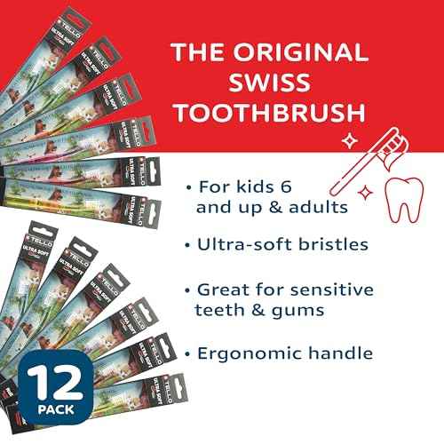 TELLO 4480 Adult or Child Ultra Soft Toothbrush with Smaller Head for Gentle Cleaning with Ergonomic Handle, Made in Switzerland, Colors Vary, 12-Pack