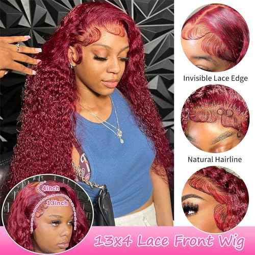 DJFG Deep Wave Lace Front Wigs Human Hair Curly Wig Human Hair HD Frontal 200 Density 13x6 Lace 99j Burgundy Red 20 Inch