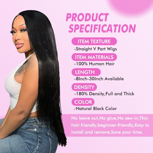 CHEETAHBEAUTY V Part Wigs Human Hair Straight V Shape Wigs for Black Women Upgrade U Part Wigs No Leave Out No Sew In No Glue Clip in Half Wigs 180% Density Natural Black 10Inch