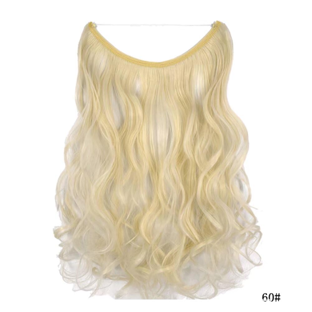 iLUU Hair Extensions 18" 80g 60# Platinum Blonde Fashion Color Long Curly Synthetic Hairpieces Fast Instant Invisible String Transparent Wire Fish Line Wavy Hair Extensions for Beauty Women