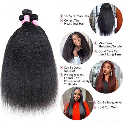 Kinky Straight Bundles with Closure 10A Yaki Straight Human Hair 3 Bundles with 4x4 Lace Closure Unprocessed Brazilian Virgin Human Hair Weave Extensions Natural Color (16 18 20+14 closure)