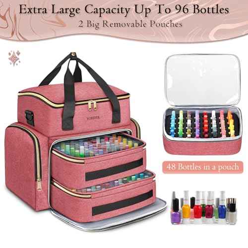 YOREPEK Nail Polish Organizer Case With Foam Inserts Protect Up 96 to 100+ Bottles (15ml/0.5 fl.oz) UV lamp, Travel Nail Tech Carrying Case with Adjustable Space for Gel Dip Powder Tips Set, Pink