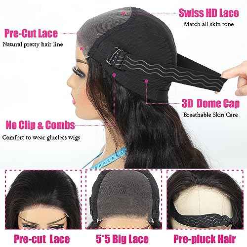 Wear and Go Glueless Wigs Human Hair Pre Cut HD Lace 5X5 Body Wave Lace Wigs Human Hair Pre Plucked 180% Density 3 Seconds to Wear Glueless Wigs for Beginners 28 Inch, Black