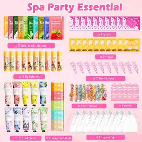 100 PCS Spa Party Supplies for Girls, Spa Party Favors Gifts Set Include Face Masks Skincare, Hand Cream, Lip Balm, Eye Mask, Lip Mask, Hair Ties, Sleepover Slumber Birthday Spa Party Supplies Kit