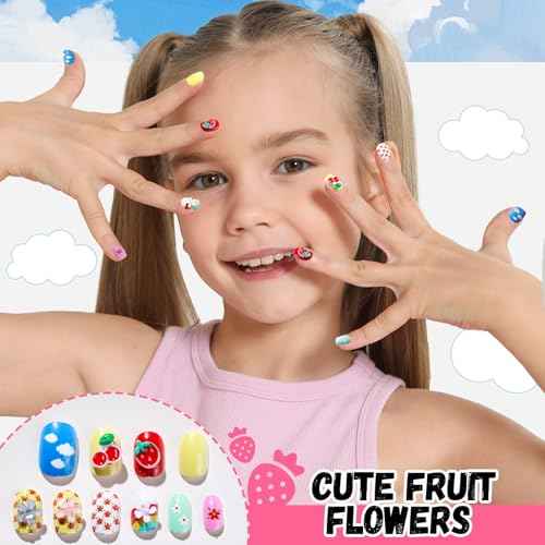 FANDAMEI Press on Nails for Girls, 6 Styles 144PCS Press on Nails for Kids, Little Girl Nails Press on Short Round with Nail Charms and Gems, Fake nails for Kids, Girls with Adhesive Tabs
