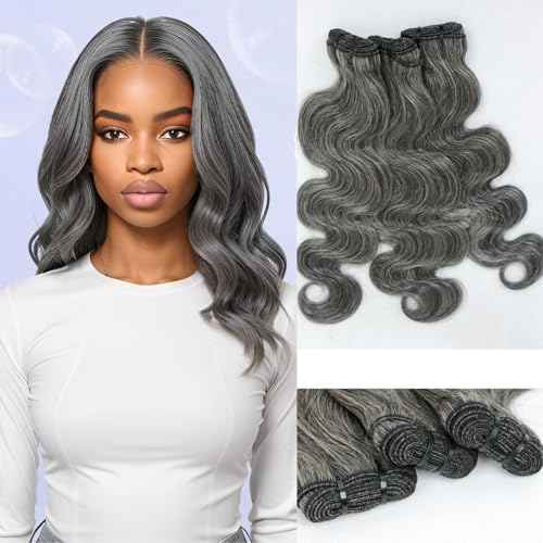 Grey Bundles Human Hair 12 14 16 Inch Salt and Pepper Body Wave Human Hair White Grey 3 Bundles Human Hair Extensions 100% Unprocessed 12A Brazilian Hair for Black Women
