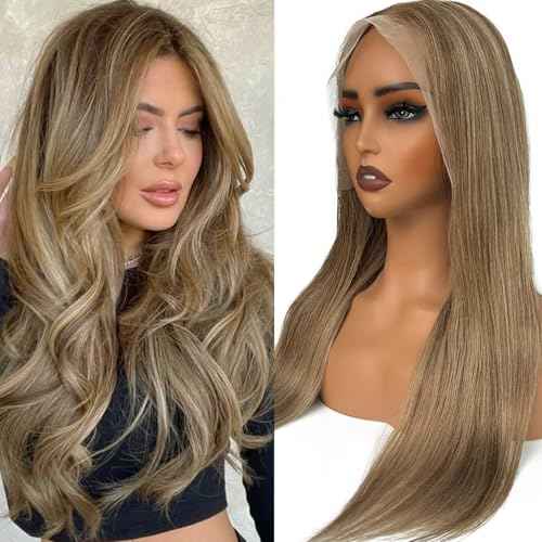 Highlight Lace Front Wig Human Hair Thick 180% Density Straight 13x6 HD Transparent Lace Frontal Wigs Light Brown to Ash Blonde Highlights Wigs Virgin Hair Colored 22 Inch