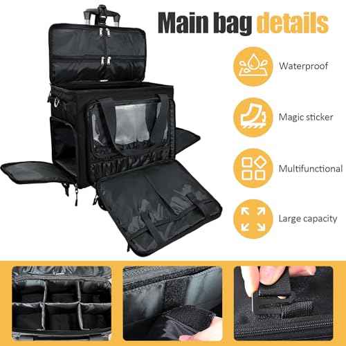 Rolling Makeup Bag with 4 Removable Bags,Professional Makeup Bag with Brushes Storage Section.Cosmetic Bag with Detachable Dividers (Patent Design)(Black)