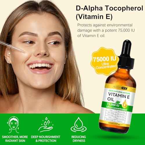 100% Pure Vitamin E Oil 75,000 IU - for Fading Scars, Stretch Marks & Anti-Aging - Deep Moisturizer for Face, Neck & Body - Hexane-Free, Natural, Vegan, Non-GMO (2 fl oz)