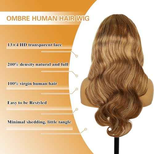 22 Inch Ombre Lace Front Wigs Human Hair 200% Density 13X4 Highlight Body Wave Lace Front Wig Human Hair Pre Plucked for Women Brown mixed Blonde HD Lace Frontal Wigs