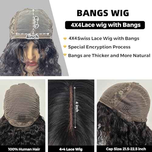 Human Hair Wig with Bangs for Black Women 4x4 HD Lace Closure Wigs Human Hair Long Black Wig with Bangs Glueless Wigs Human Hair 24inch