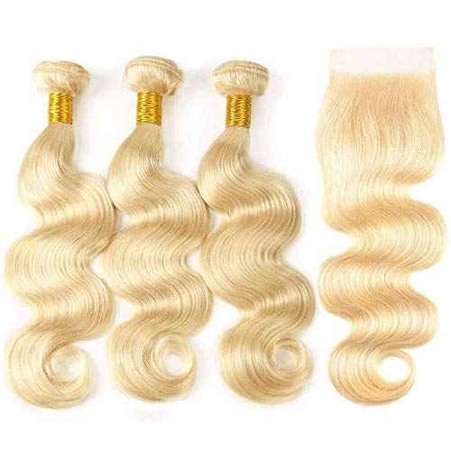 Blonde Human Hair Bundles with Closure Brazilian Premium Virgin Body Wave Human Hair Extensions 613 Blonde 3 Bundles with 4x4 Lace Closure Free Part (12 14 16+10, 613)