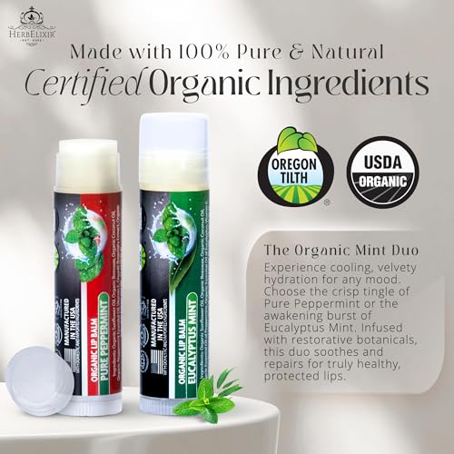 Organic Lip Balm Variety 4 Pack | Peppermint & Eucalyptus Mint Chapstick Set | Moisturizing for Dry Lips | For Men and Women